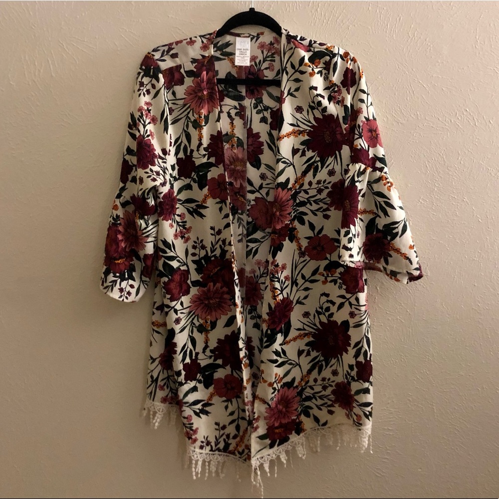 Time and Tru Floral Sheer Fringed Top